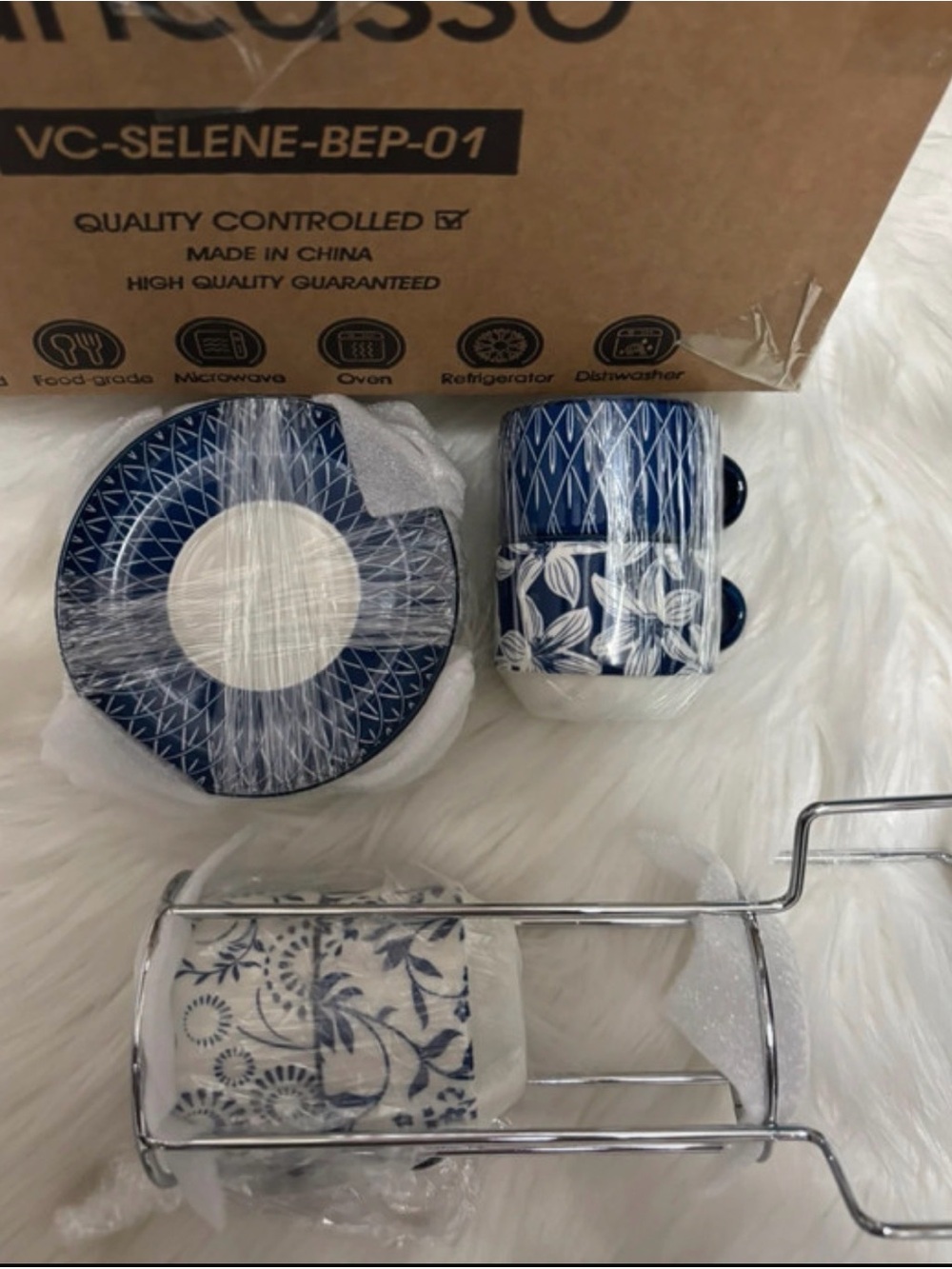 Blue Floral Ceramic Soap Dish and Dispenser Set with Chrome Stand